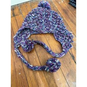 Unbranded Purple Blue Chunky Knit Beanie Earflaps Pom Pom With Tie at bottom